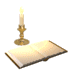 Animated GIF of an antique looking book with turning pages next to a candle.
